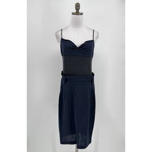 iisli Blue Black Knit Linen Blend Wide Waist Sleeveless Sweater Dress Sz L